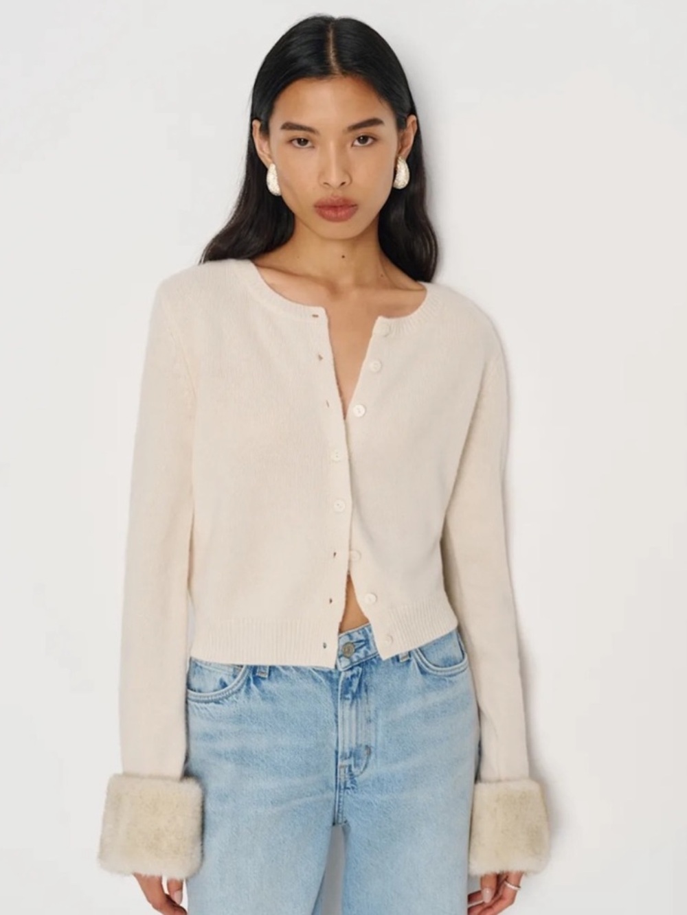 Reformation Clara Faux-Fur Cuff Cashmere Cardigan - Picture 1 of 5
